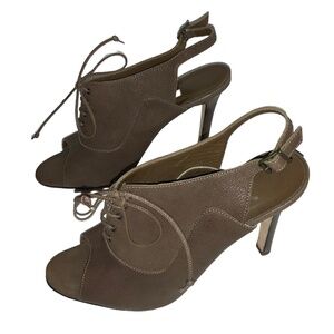 Manolo Blahnik Dark Taupe Leather Peep Toe Lace Up Oxford Slingback Heels 39.5